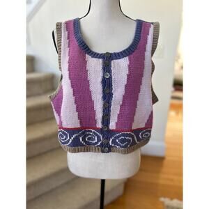 Vintage 90s Warm & Wonderful Pink Purple Reversible Stripe Daisy Cottage Sweater